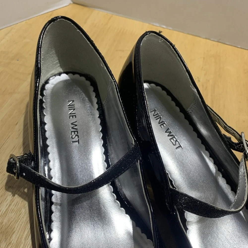 Nine West Heels Dreas Shoes Girls Sz 5M Black Patten Mary Jane Sparkle Glitter‎
